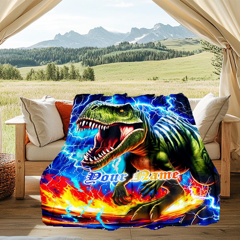 1PC Custom Name Dinosaur Power outdooor Flannel blankets Patterns Throw Blanket All-Season Soft Gift for Couch, Bed, Camping gifts