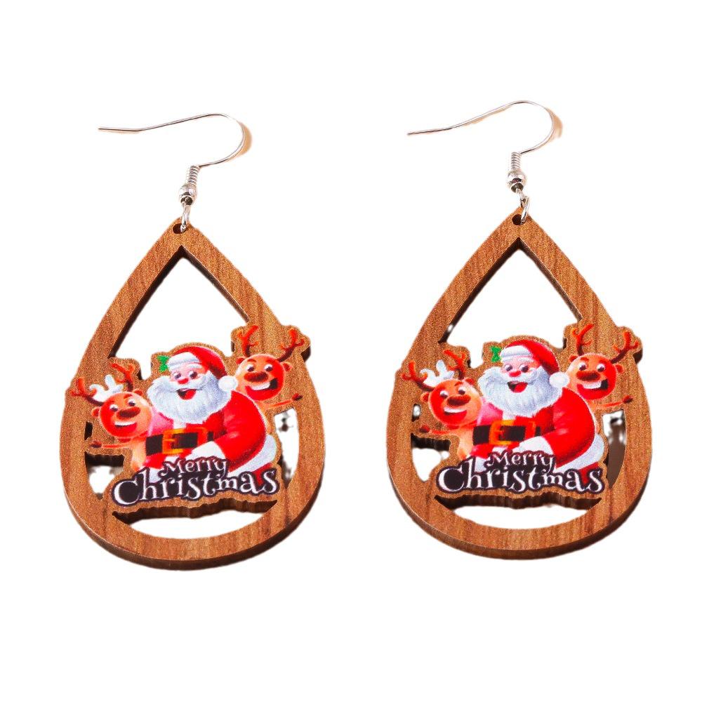 Cross-border Hollow Teardrop Wooden Christmas Earrings with Reindeer and Snowman