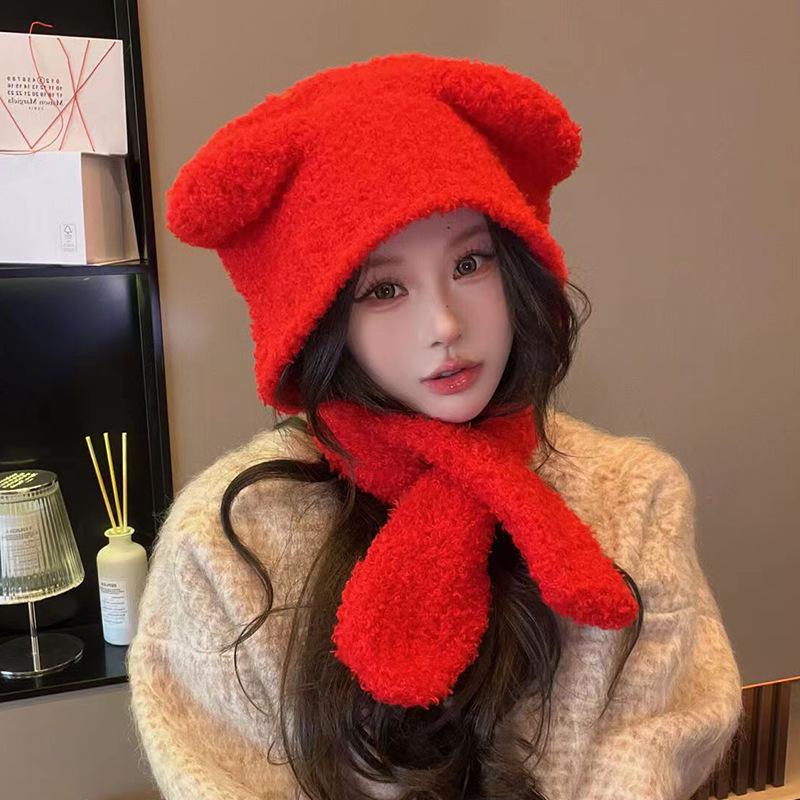 Japanese Cute Winter Bear Color Blocking Ear Knitted Strap Lei Feng Hat Autumn and Winter Warm Ear Protection Wool Hat
