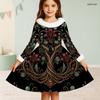 Girls Long Sleeve Printed Dress White Fur Collar A Line Flared Hem Black Floral Tree Pattern