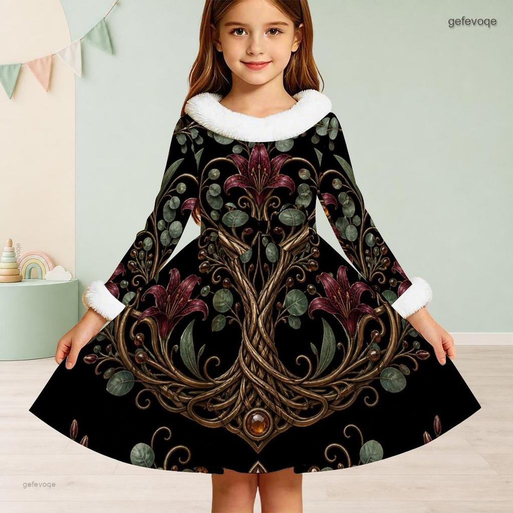Girls Long Sleeve White Fuzzy Trim Black Gold Green Printed A Line Flared Dress