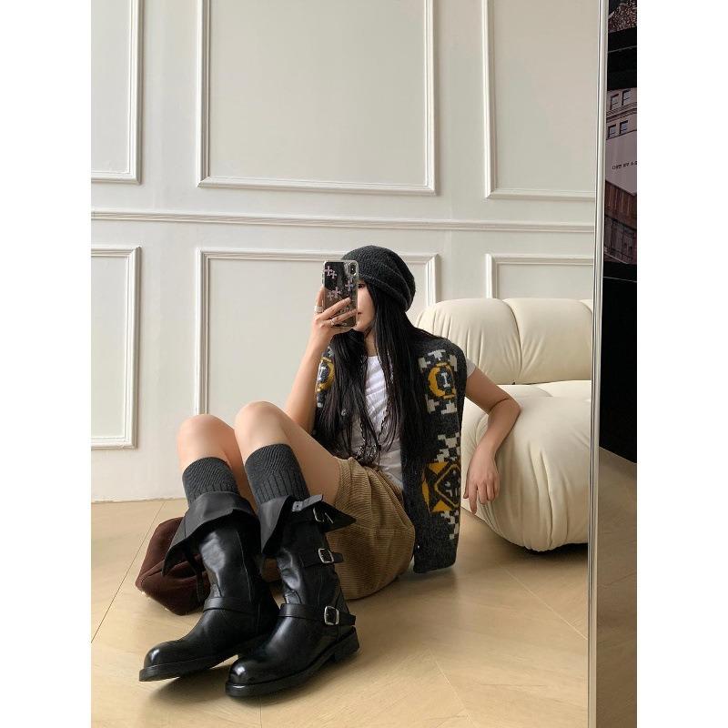 Cowhide version~ Retro long boots women's thick heel belt buckle high black boots versatile leather pleated trouser tube boots