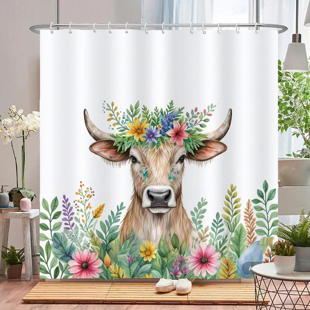 Watercolor Plants And Highland Cow Animal Shower Curtain Print Polyester Waterproof Bathroom Curtains With Hook Decorate Curtain