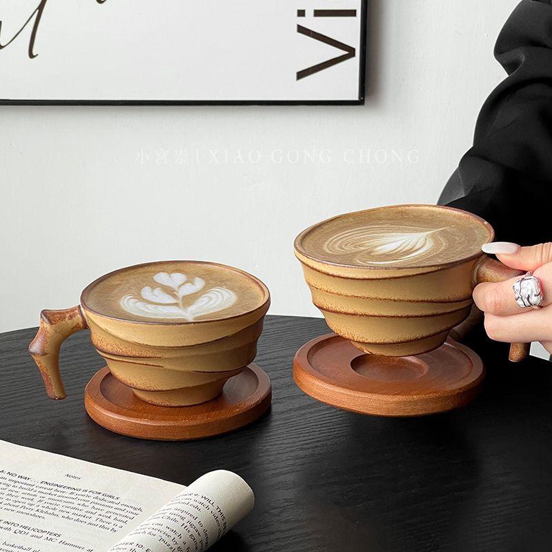 Vintage Ceramic Coffee Mug – Rustic Handmade Latte Cup with Bamboo-Style Design