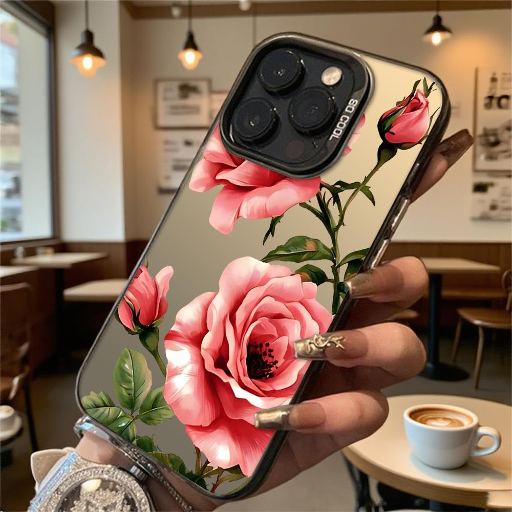 Pink Roses with Green Foliage Shockproof Phone Case for Iphone 16 15 14 13 12 11 Pro Max/Mini Anti-Scratch Premium Hard Cover