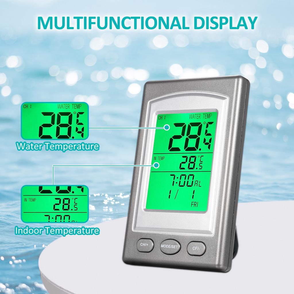Kabelloses schwimmendes Poolthermometer Solarbetrieben Digitalthermometer für Whirlpools Spas Schwimmbäder Aquarien mit 300 Fuß Reichweite Dual-Anzeige FCelsius