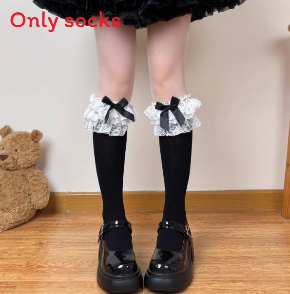 Calzini al ginocchio in cotone stile Lolita con fiocco nero per autunno, inverno, uso quotidiano