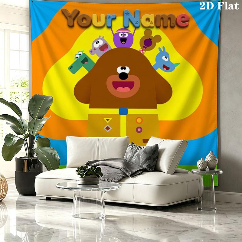 Hey Duggee Custom Name Wall Tapestry Aesthetic Wall Hanging Printed Fabric Blanket Decorative Tapestries for Bedroom Living Room Home Decor