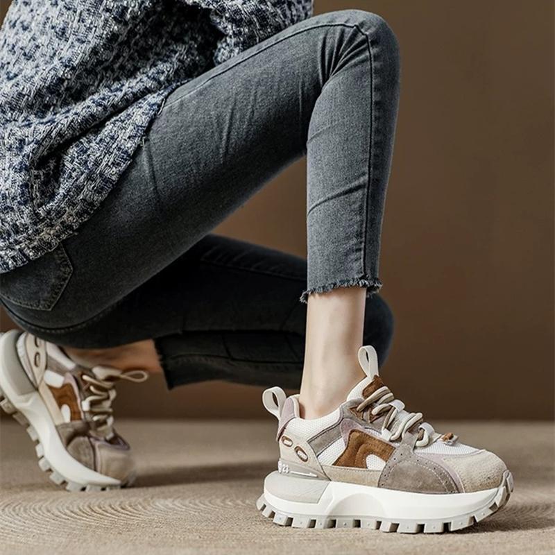 Women Sneakers Shoes Genuine Leather  New Spring Color-Blocked Dad Shoes Women Fashion Platformrunning Shoes Women
