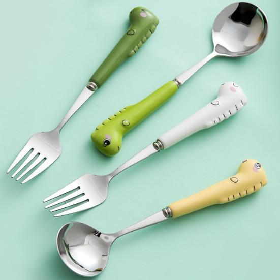 Scratch Resistant Anti-rust Toddler Utensil Stainless Steel Cartoon Dinosaur Children Fork Spoon