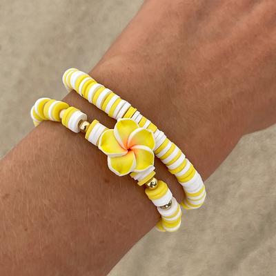 Pulsera Elástica de Flor de Cerámica Blanda Bohemia con Espejo Cruzado, Pulseras de Cuentas Coloridas para Vacaciones en la Playa para Mujeres