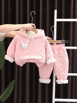 Winter 2025 Girls' Fleece-lined Cotton Jacket and Suit Set for Infants and Toddlers