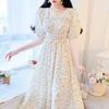 Coffee break French square collar floral pure dress women's summer new high-end temperament waist beautiful long dress