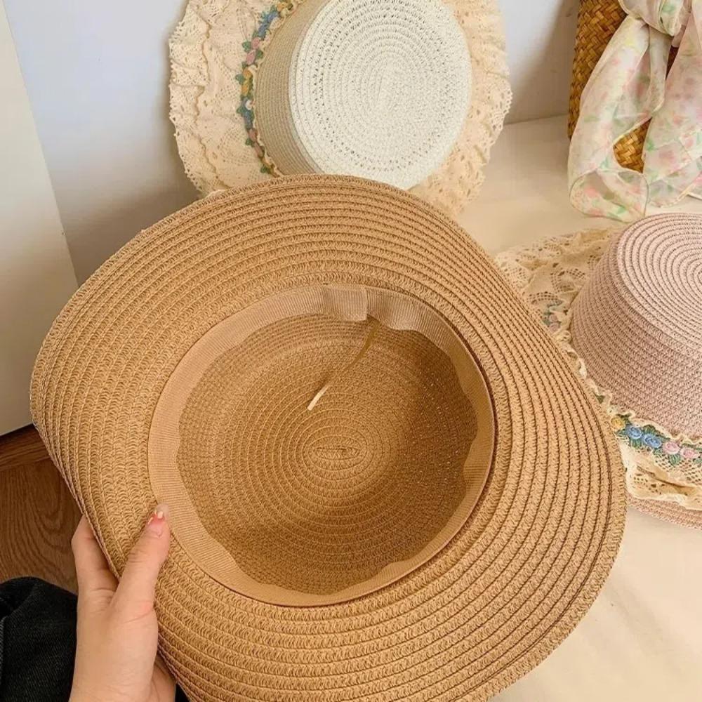 Lace Flower Wide Brim Bucket Hat Summer Straw Sun Hat Sweet Sunshade Hat  Women Girls