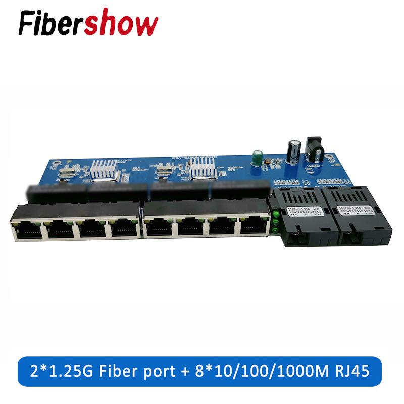 Gigabit Ethernet switch Fiber Optical Media Converter PCBA 8 RJ45 UTP and 2 SC fiber Port 10/100/1000M Board PCB