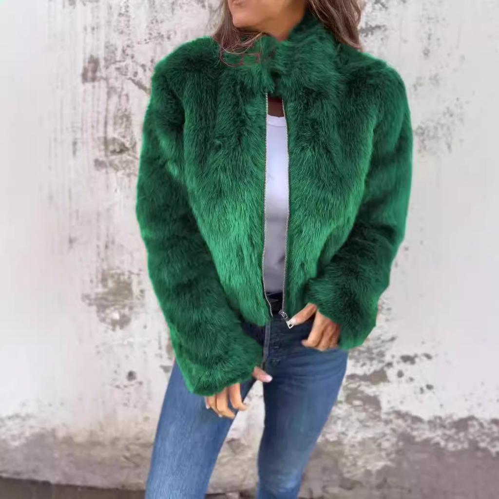 Women's High Neck Long Sleeve Faux Fur Jacket Loose Casual Streetwear Zip Up Coat