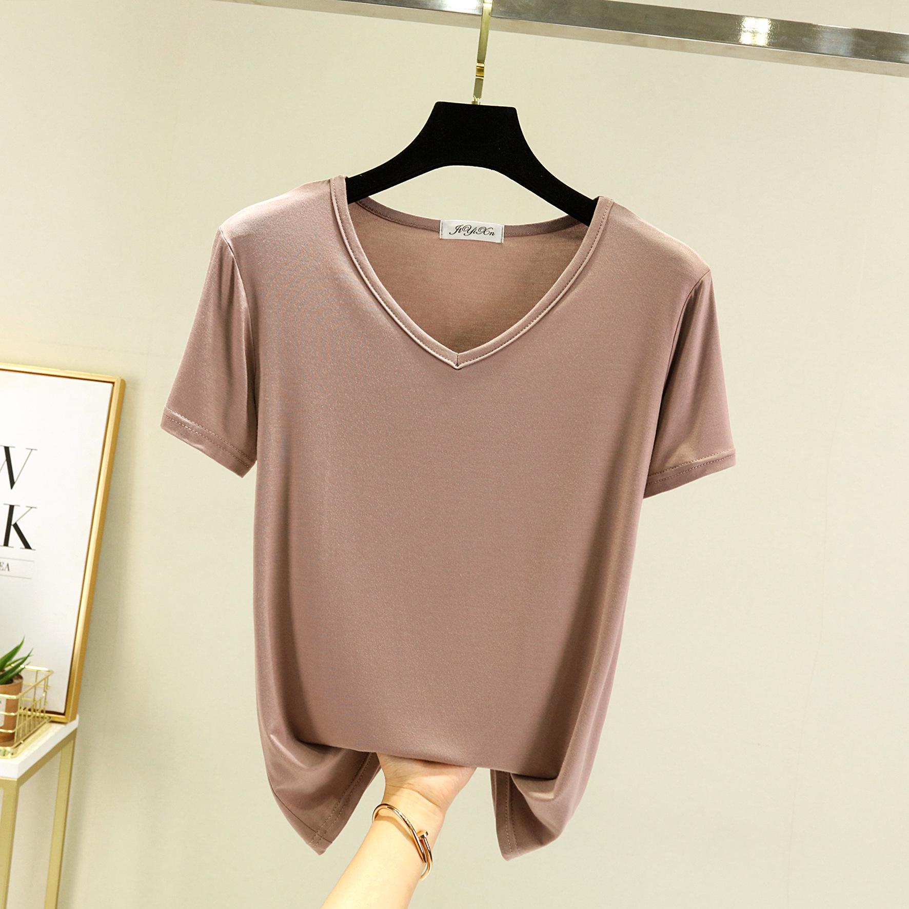 

Жіноча футболка з коротким рукавом з модалу з V-подібним вирізом, білий льодовий шовк, вільного крою XL