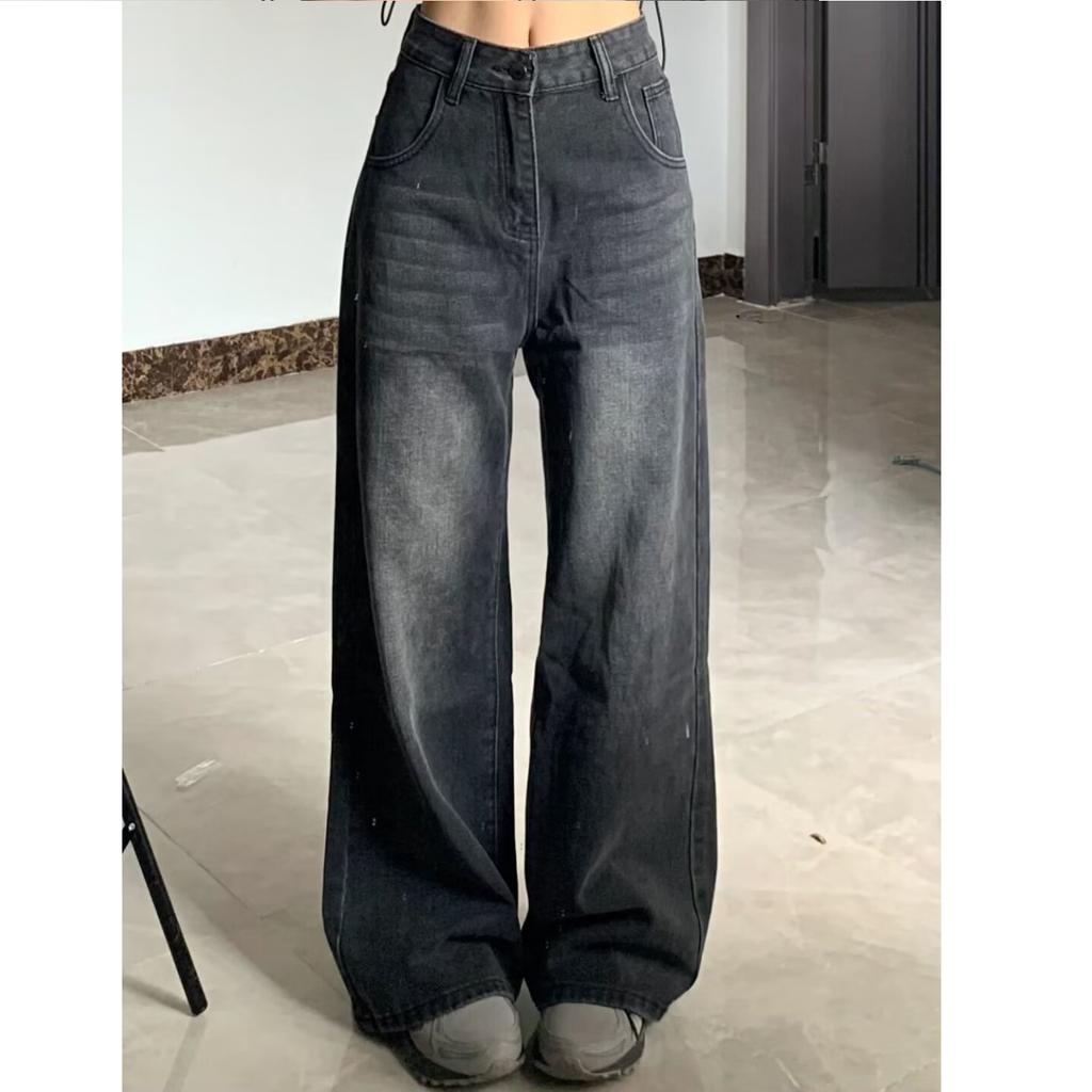 Washed Denim Pants In Plus Size for Women, Slim and High Waisted, with A Wide Coverage of Hips and Loose Straight Leg Wide Leg Pants
