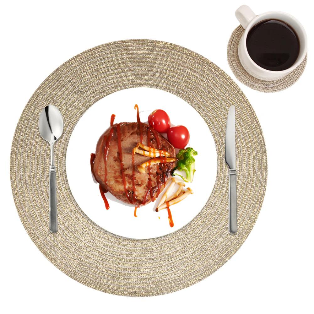 

Set of 4/6 34CM Glitter Round Braided Placemats Golden Sliver Circle Place Mats Washable Table Mats for Kitchen Party Wedding 34CM&Set of 6 золотой