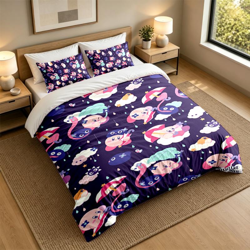 Soft Bedding Set Kirby Pattern, 1 Duvet Cover Plus 2 Pillowcases Stylish Bedroom Home Textile