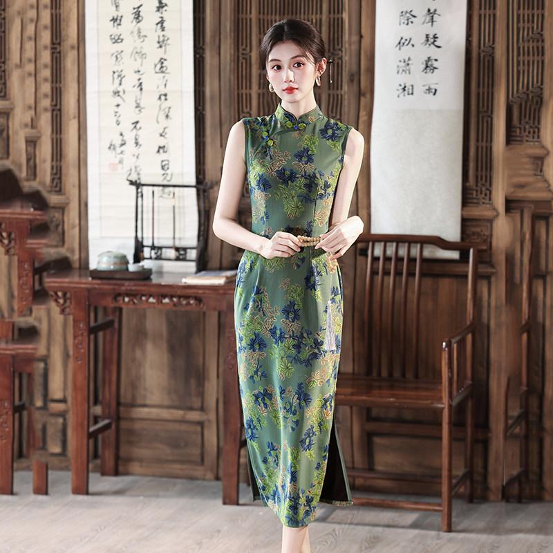 Yeşil kolsuz ulusal tarz yeni Çin Suzhou uzun cheongsam geliştirilmiş genç 1011 yeni kadın yüksek kalite yaz