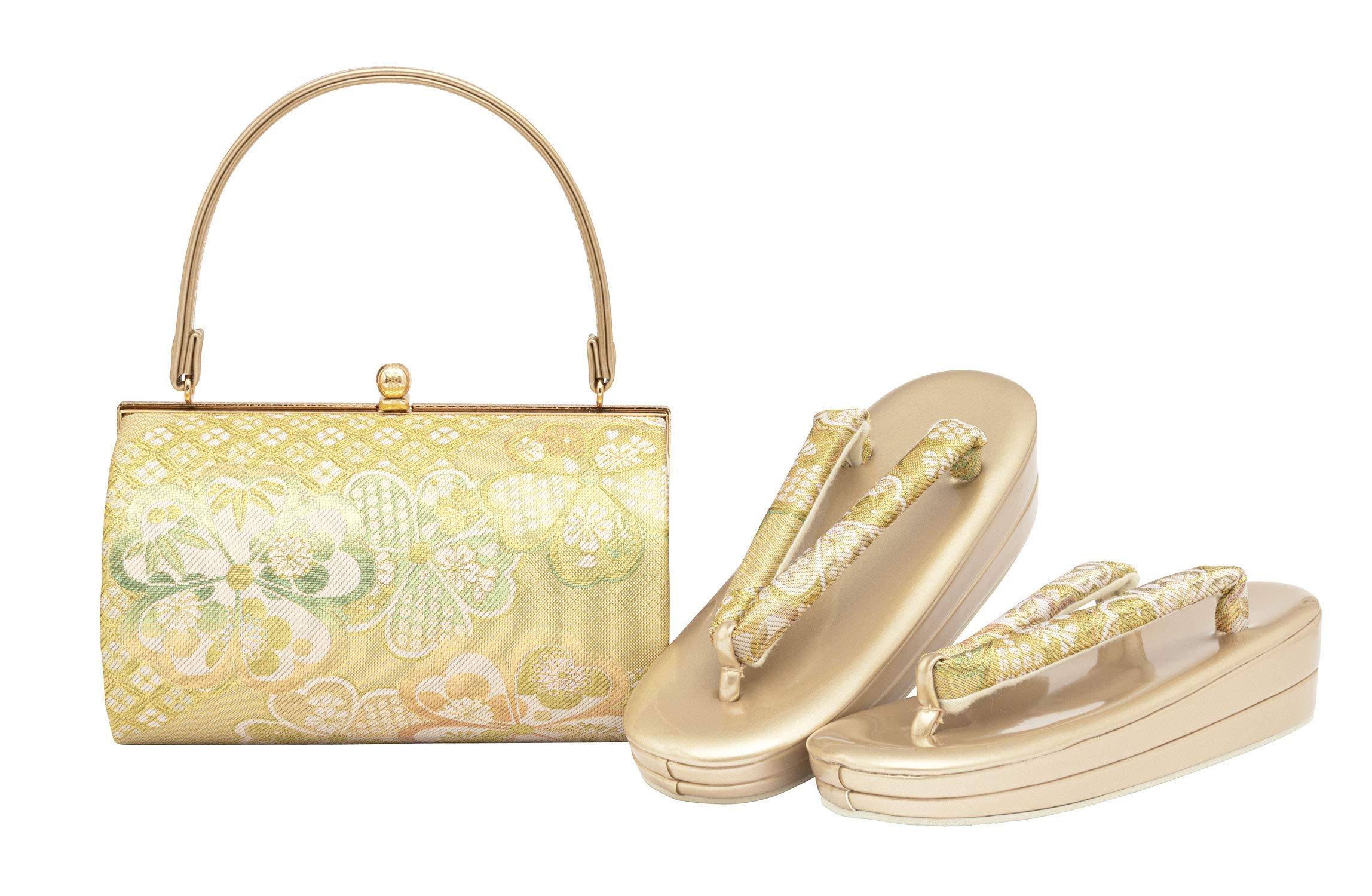 

Комплект сандалий и сумки для фурисодэ и сандалии оби с вишневым узором, сделано в Японии [SOUBIEN], церемонии совершеннолетия, золото, цветок, слива, бамбук,