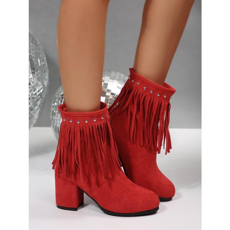 Rivet Suede Plus Size High Heeled Fashion Boots 2025 Winter New Fringed Boots for Women
