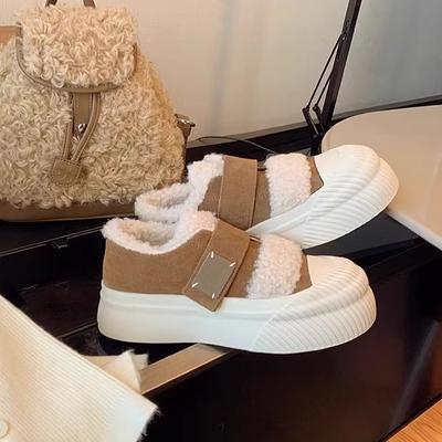 Wool Version~ Thick-soled Fluffy Shoes for Women's Winter Wear, Velvet Warm Cotton Shoes, Leather Versatile Board Shoes, Casual Biscuit Shoes