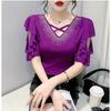 New Summer European Clothes Women's T-Shirt Fashion Sexy V-Neck Shiny Diamonds Tops Chic Hollow Out Short Sleeve All Match Tees
