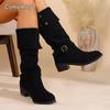 Fashion Women's Solid Color Trendy Knight Boots Buckle Decor Chunky Heel Mid Calf Botas Mujer 2025 Autumn Winter Slip on Fashion Boots