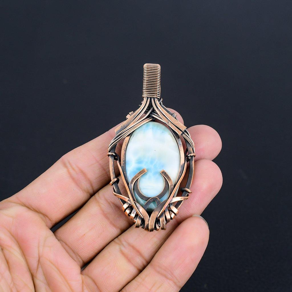 Larimar Pendant Gemstone Jewelry, 999 Copper Wire Wrapped Pendant, Handmade Jewelry Birthstone Pendant, Gift For Him