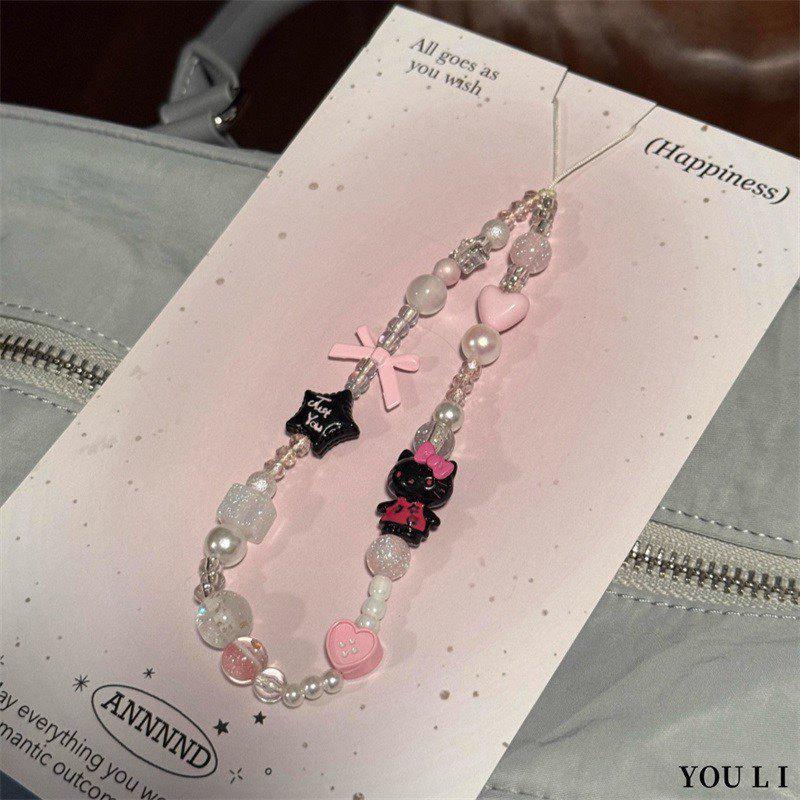 Pink Beaded Cat Bowknot Phone Lanyard for Women - Cute Anti-lost Accessory