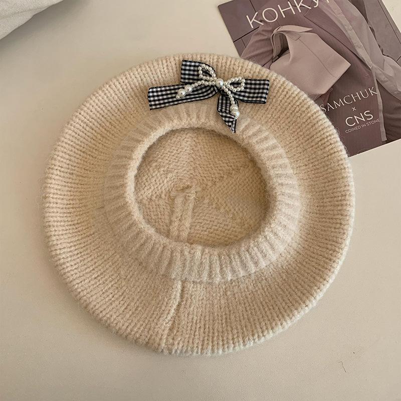 

Japanese Versatile Warm Bow Beret Autumn and Winter New Windproof Hat for Women Casual Sweet Painter Beret Hat One Size