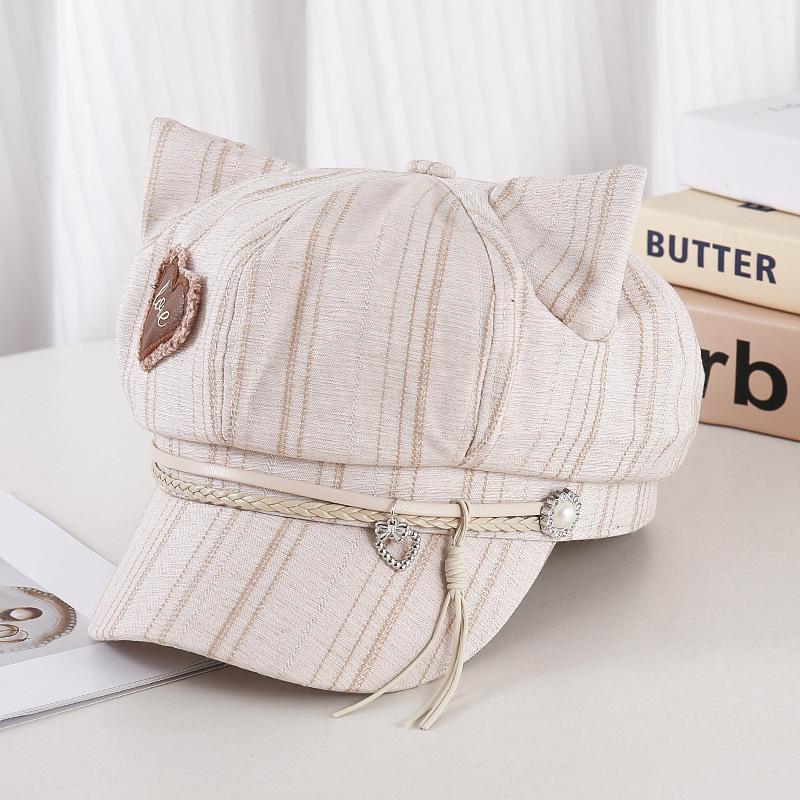 New Contrasting Striped Plaid Versatile Octagonal Hat Women's Spring and Autumn Visor Cute Heart-shaped Cat Ears Beret