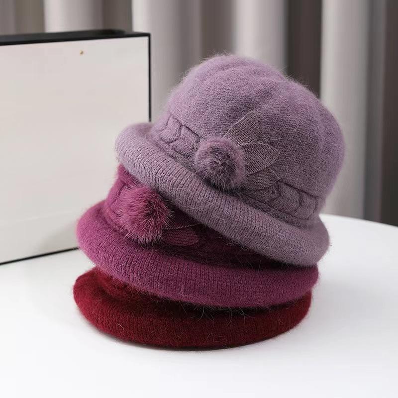 New Autumn and Winter Old Men's Hat for Women Knitted Versatile Warm Korean Version Rabbit Hair Thickened Fashionable Wool Pot Hat Grandma Style
