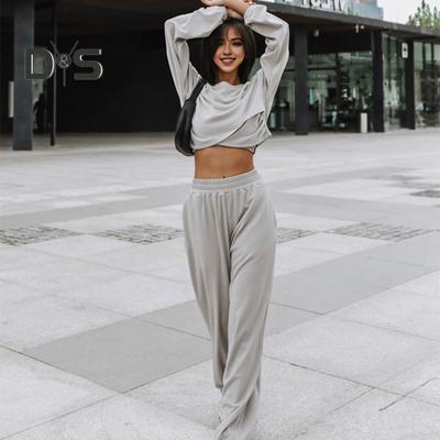2 Pcs/Set Women Top Pants Set Round Neck Long Sleeve Irregular Cross Hem Sweatshirt Pure Color Stretchy High Waist Wide Leg Trousers Sport Fitness