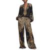 Women's V-Neck Long Sleeve Printed Tops Wide Leg Pants Set