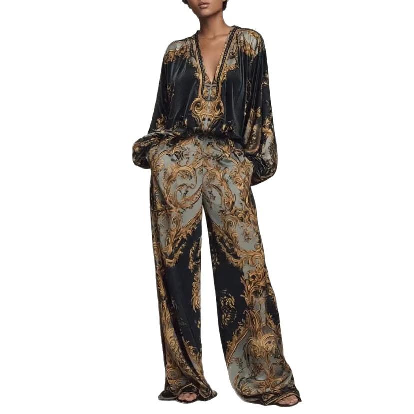 Women's V-Neck Long Sleeve Printed Tops Wide Leg Pants Set