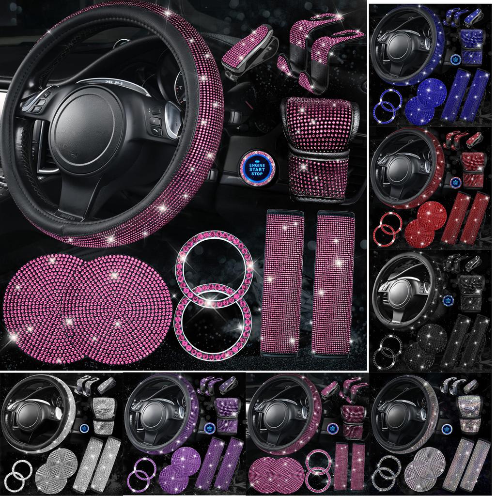 11 PCS Bling Accessories, Sparkly Rhinestone Diamond Steering Wheel Cover, Bling Seat Belt Cushion, Glitter Knob Cover, Car Cup Holder