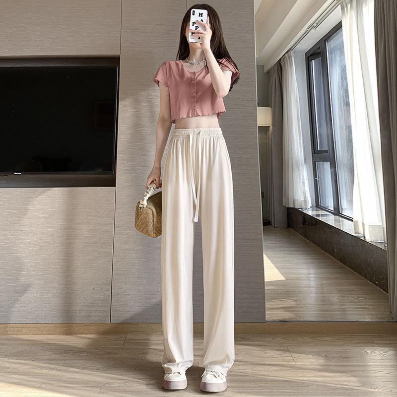 Light Blue Ice Silk Wide-leg Pants Women's Summer Thin 2025 New High-waisted Straight Lazy and Loose Pants