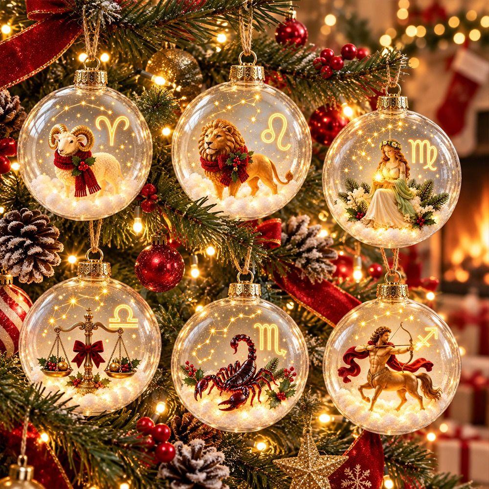 Warm Light Zodiac Ball Ornament Clear Round Shape Lighted Christmas Ornament Christmas Tree Decor