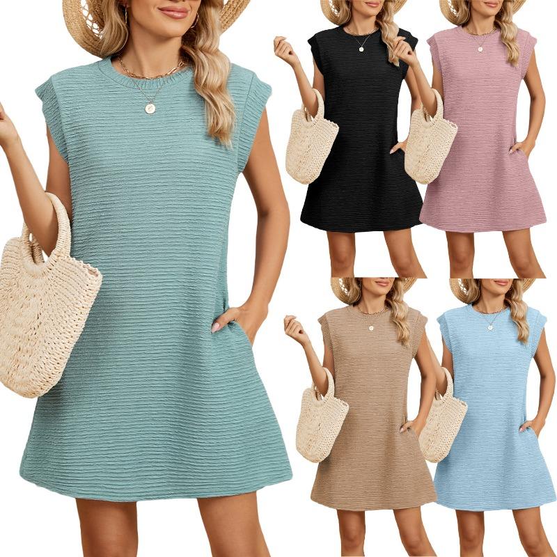 

2025 Spring Summer Loose Pocket Summer Casual Dress Solid Color Round Neck Pleated Elegant Fashion A-line Party Short Dresses Simple Office Clothing XXL синій