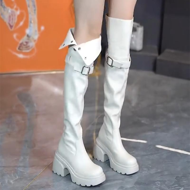 Autumn Over The Knee High Boots Fashion Round Toe Platform Rivet Belt Buckle Non-Slip Block Heel Boots 35 4798₽