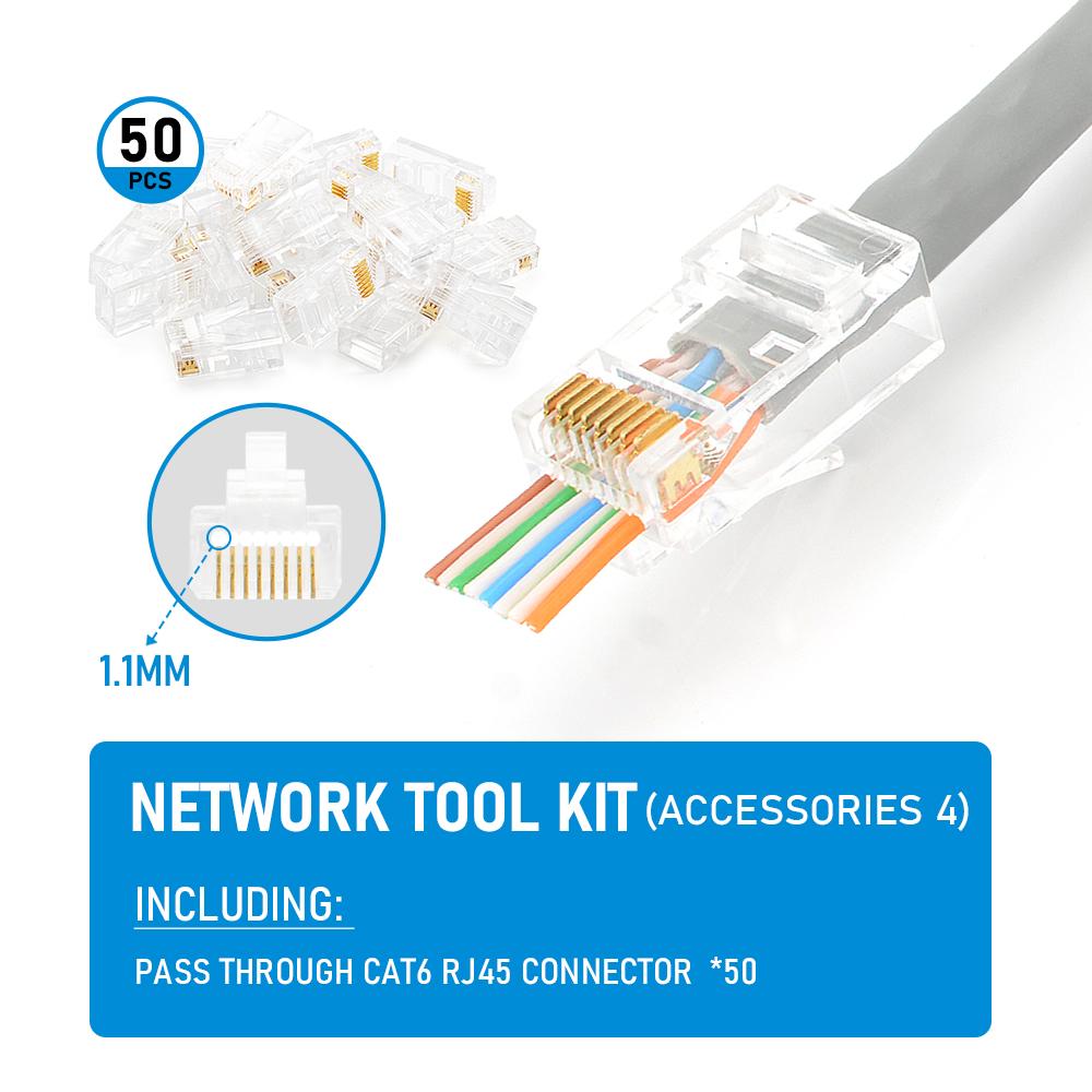 RJ45-Crimpzange, Durchgangs-Crimpzange, Abisolierzange, Cutter für Cat7, Cat6, Cat5e, 8P8C, modularer Stecker, Ethernet, All-in-One-Drahtwerkzeug