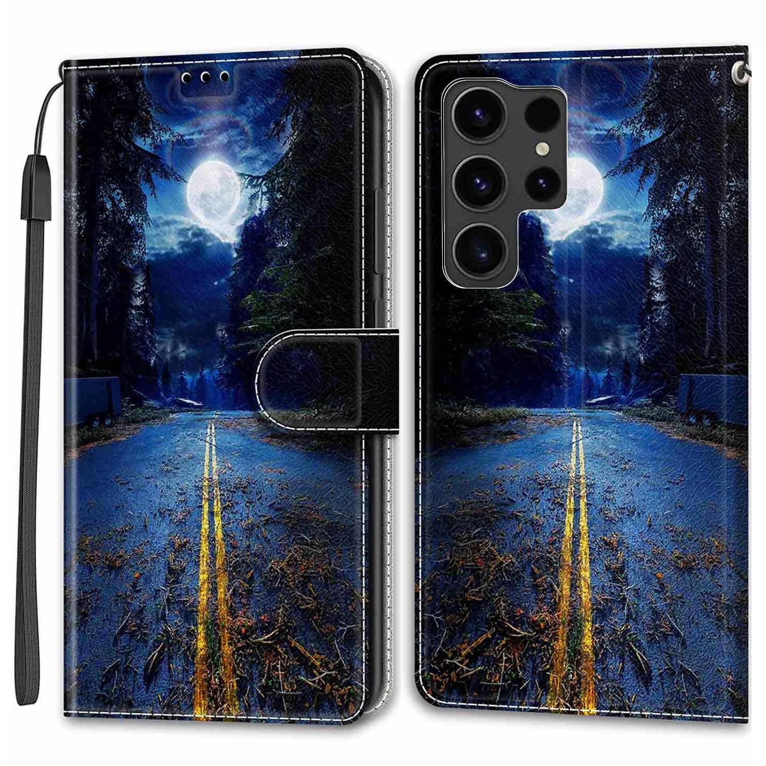 

For Samsung Galaxy S24 Ultra Case Card Holder Leather Stand Phone Cover Night Road/Moon