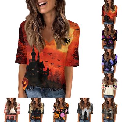 Women's Fashion Short Sleeve V Neck Halloween Print Tunic Top for Casual Wear