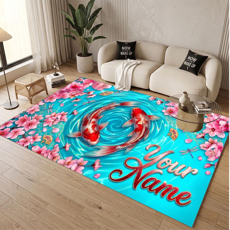 Koi Fish Theme Soft Crystal Velvet Rug Custom Name & Text Print Non Slip Floor Rug for Bedroom Living Room