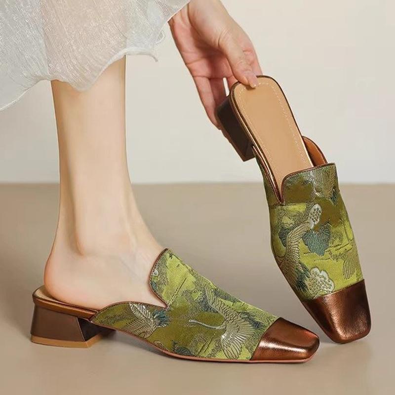 Square Toe Women Slippers Spring Mid Heels Slingback Shoes Retro Elegant Woman Pumps 2025 Trend Dress Cozy Ladies Shoes