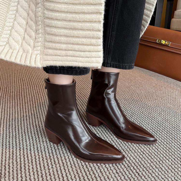 Sheepskin Version~ Black Pointed Middle Heel Boots Women's Autumn and Winter New Velvet Thick Heel and Ankle Boots Thin Boots Martin Boots