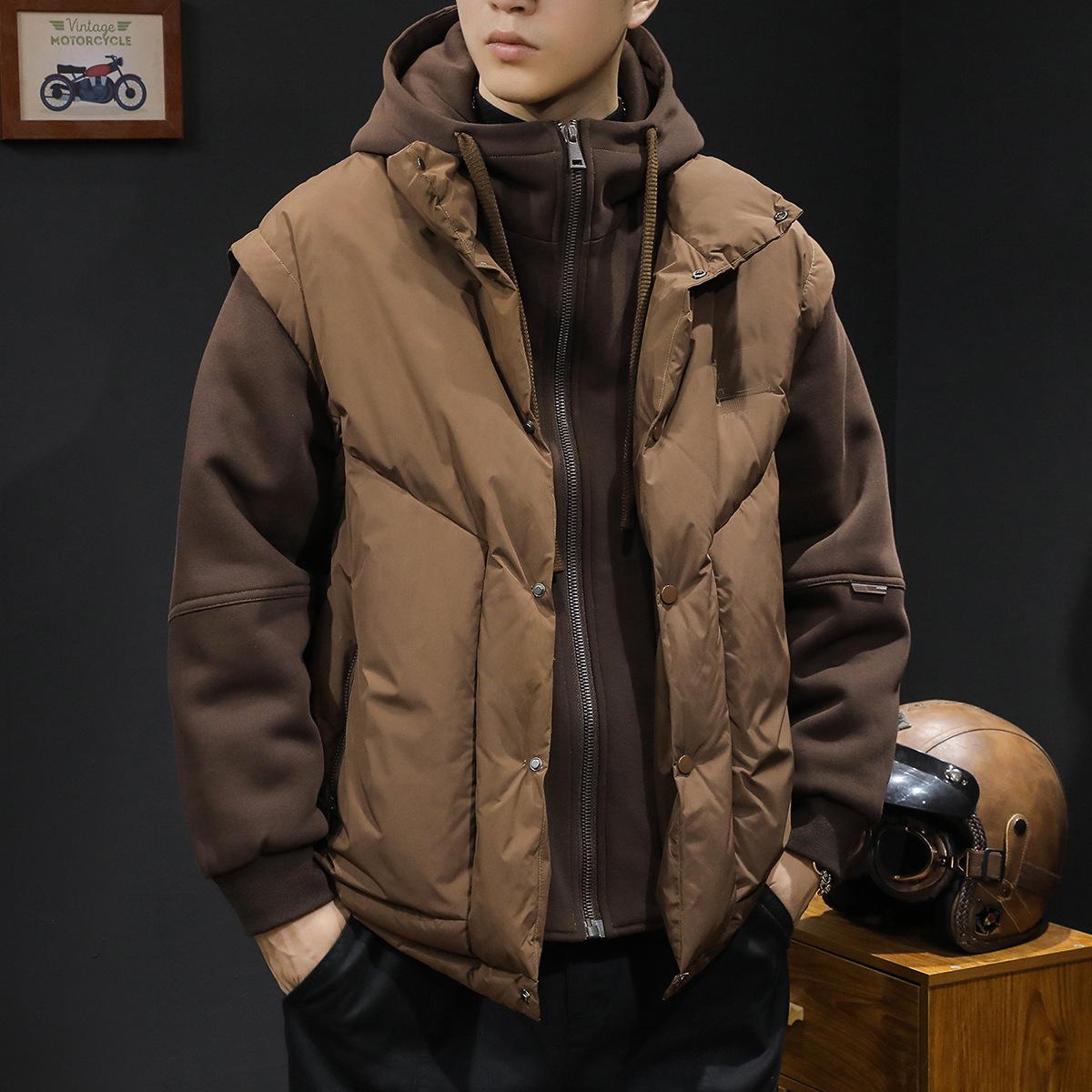 

Men s Trendy Duck Down Hooded Jacket: Winter 2025 Three-in-One Workwear, Patchwork Design, Plus Size 2XL 160-180 jin кавовий